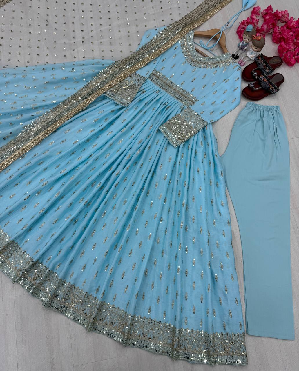 Party Wear Look Pur Chinon Silk Gown,Dupatta & Bottom Set