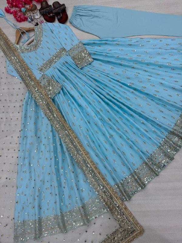 Party Wear Look Pur Chinon Silk Gown,Dupatta & Bottom Set