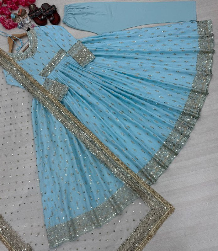 Party Wear Look Pur Chinon Silk Gown,Dupatta & Bottom Set