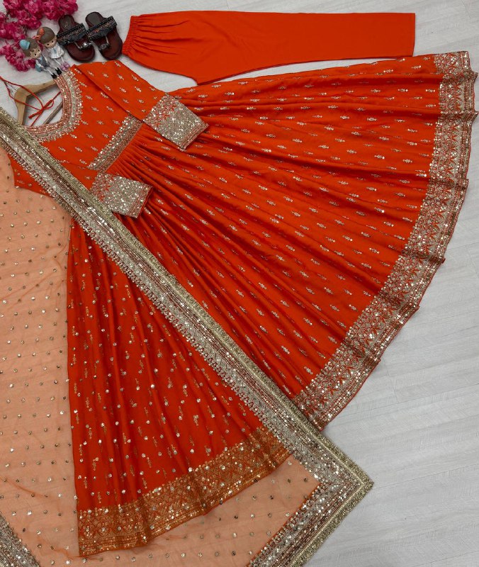 Party Wear Look Pur Chinon Silk Gown,Dupatta & Bottom Set
