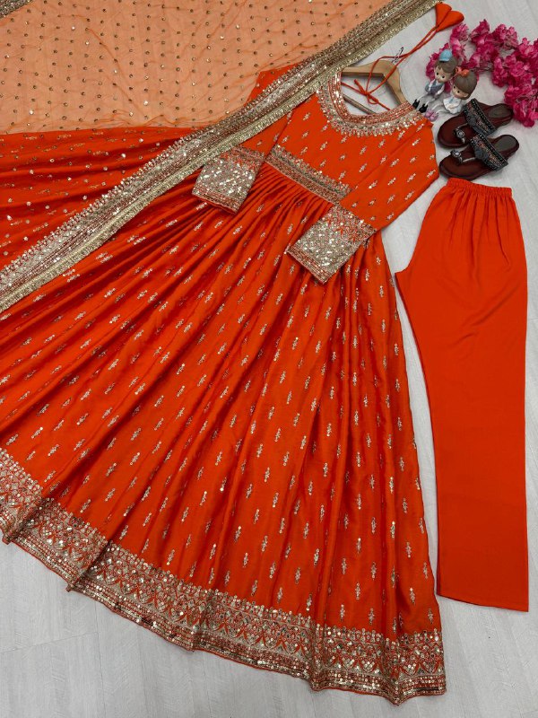 Party Wear Look Pur Chinon Silk Gown,Dupatta & Bottom Set