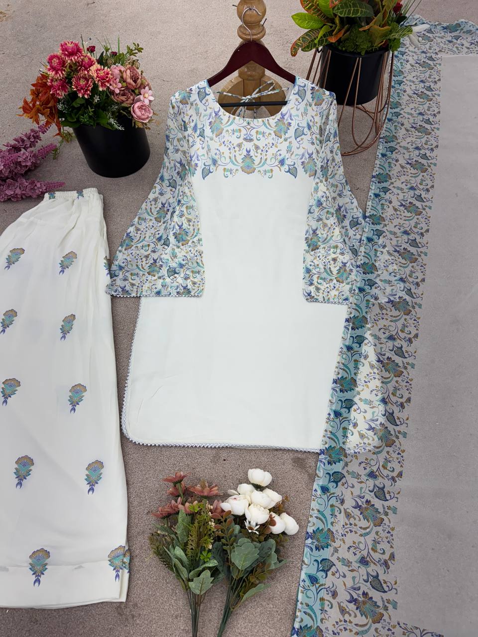 Designer Collection In Pure Faux Georgette Top-Bottom And Dupatta Set Fully Stitched Ready To Wear