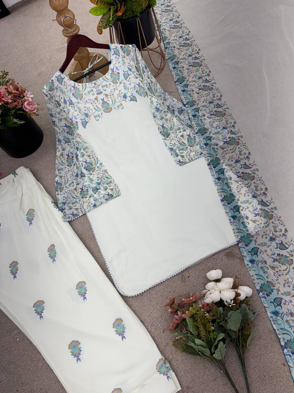 Designer Collection In Pure Faux Georgette Top-Bottom And Dupatta Set Fully Stitched Ready To Wear