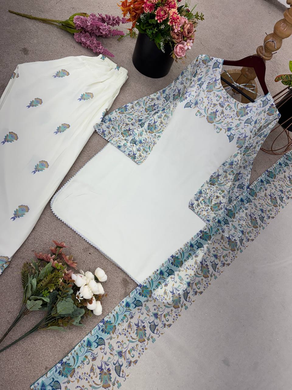 Designer Collection In Pure Faux Georgette Top-Bottom And Dupatta Set Fully Stitched Ready To Wear