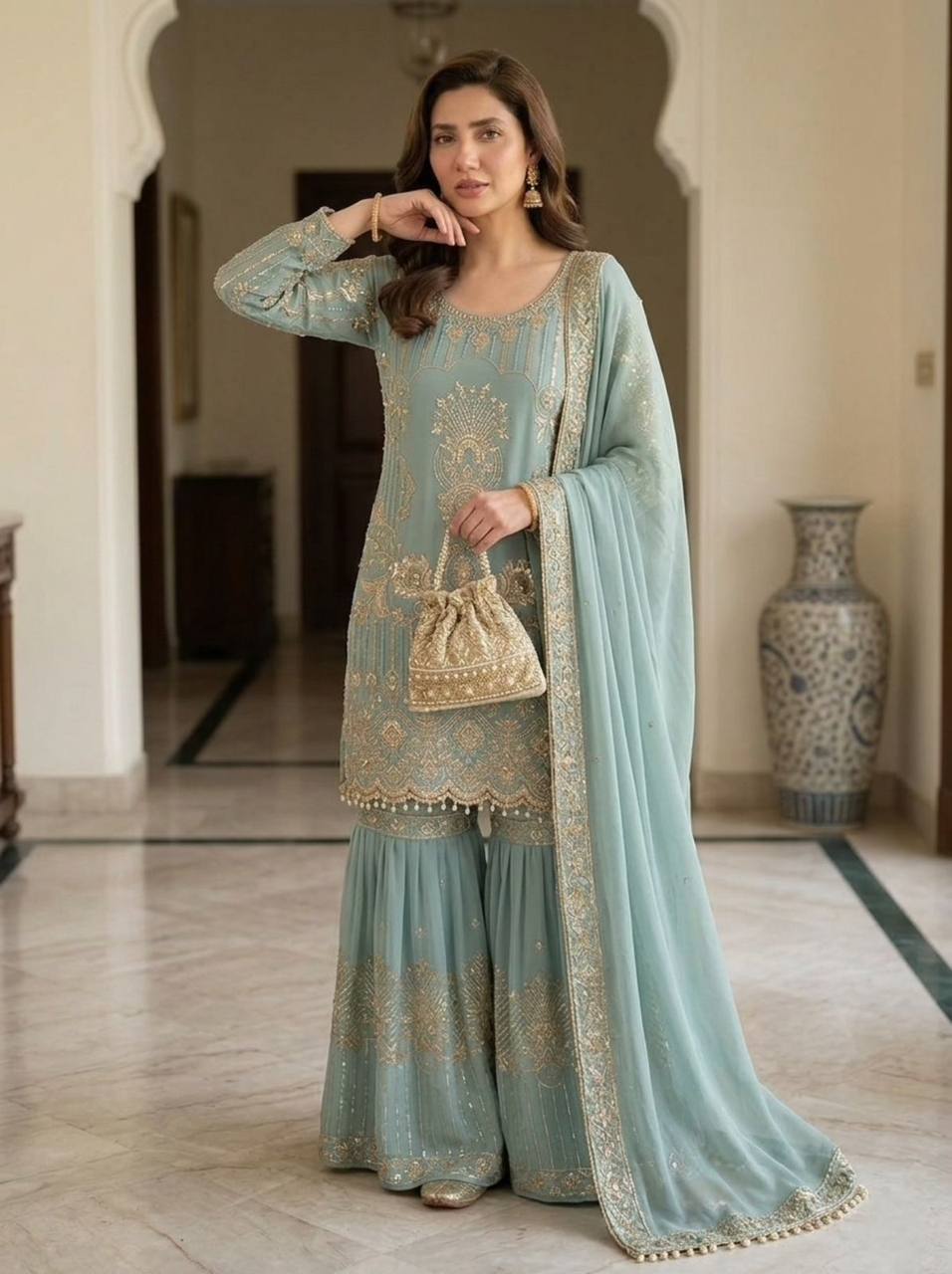 EID π OUR SEQUENCE EMBROIDERY WORKED TOP, SARARA AND DUPATTA
