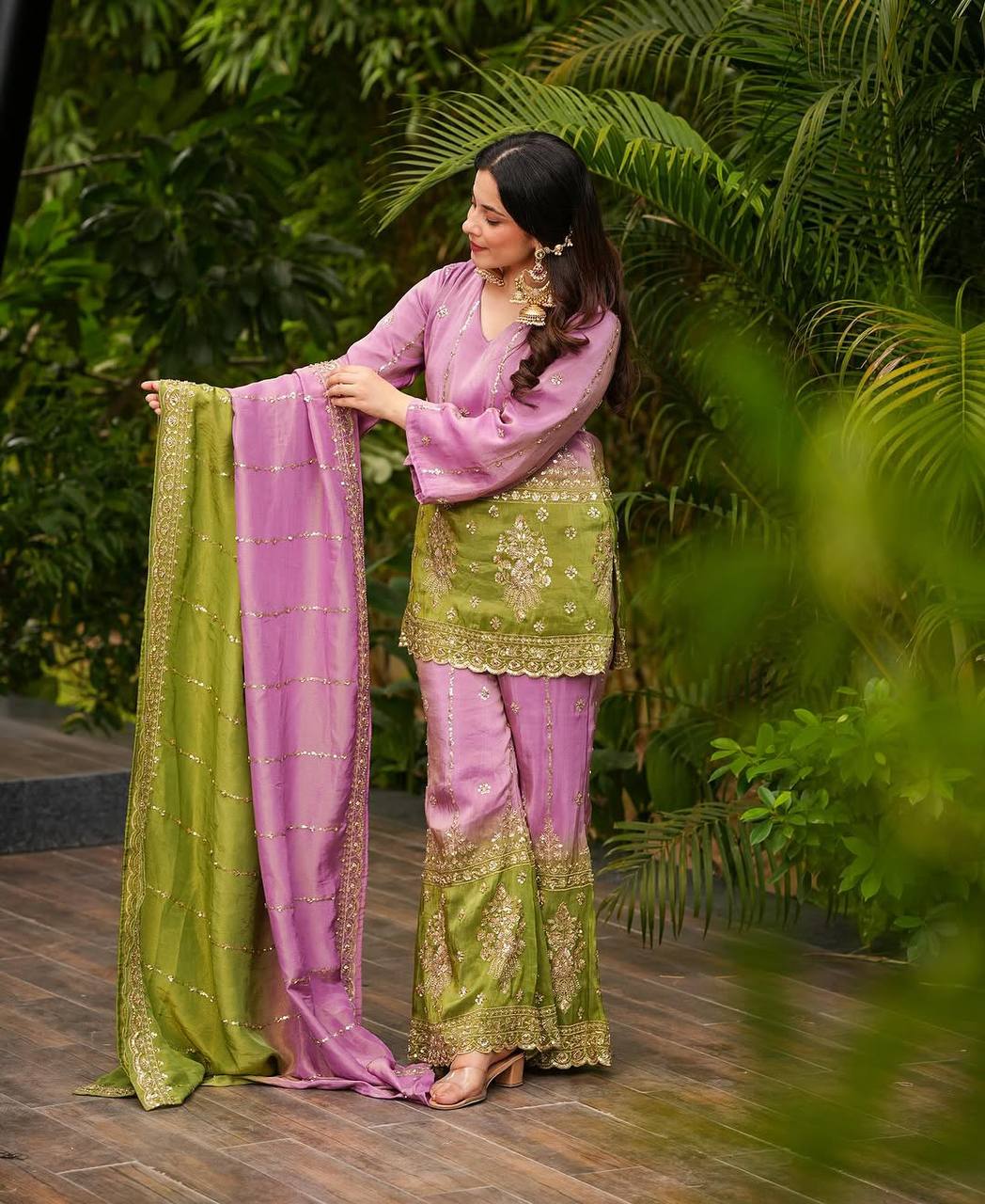 Party Wear Look Heavy Chinon Silk Pedding Top-Plazzo And Duppata Set Ready To Wear