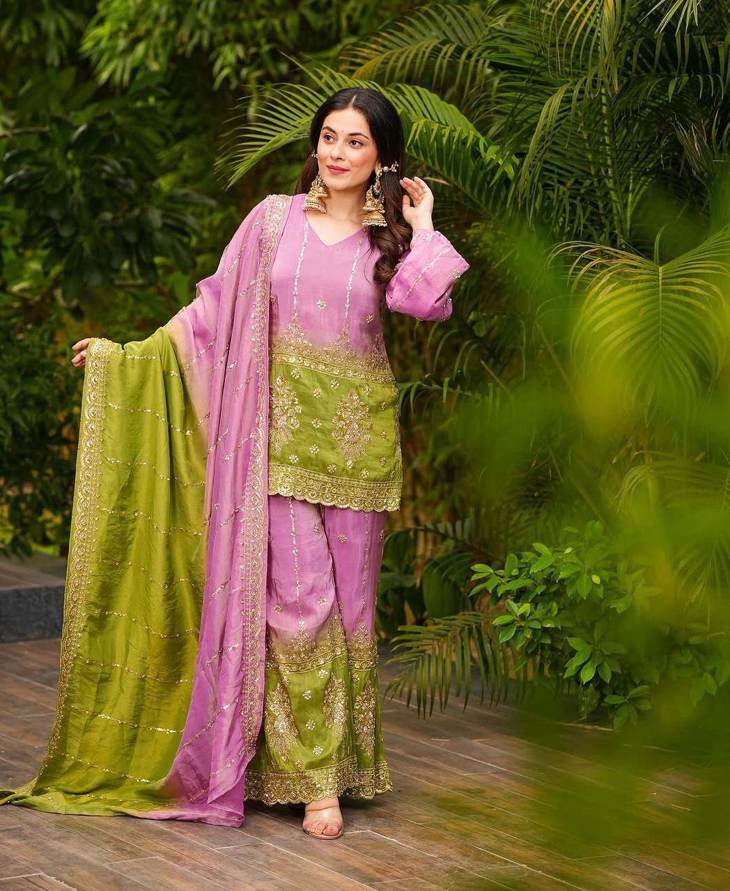 Party Wear Look Heavy Chinon Silk Pedding Top-Plazzo And Duppata Set Ready To Wear