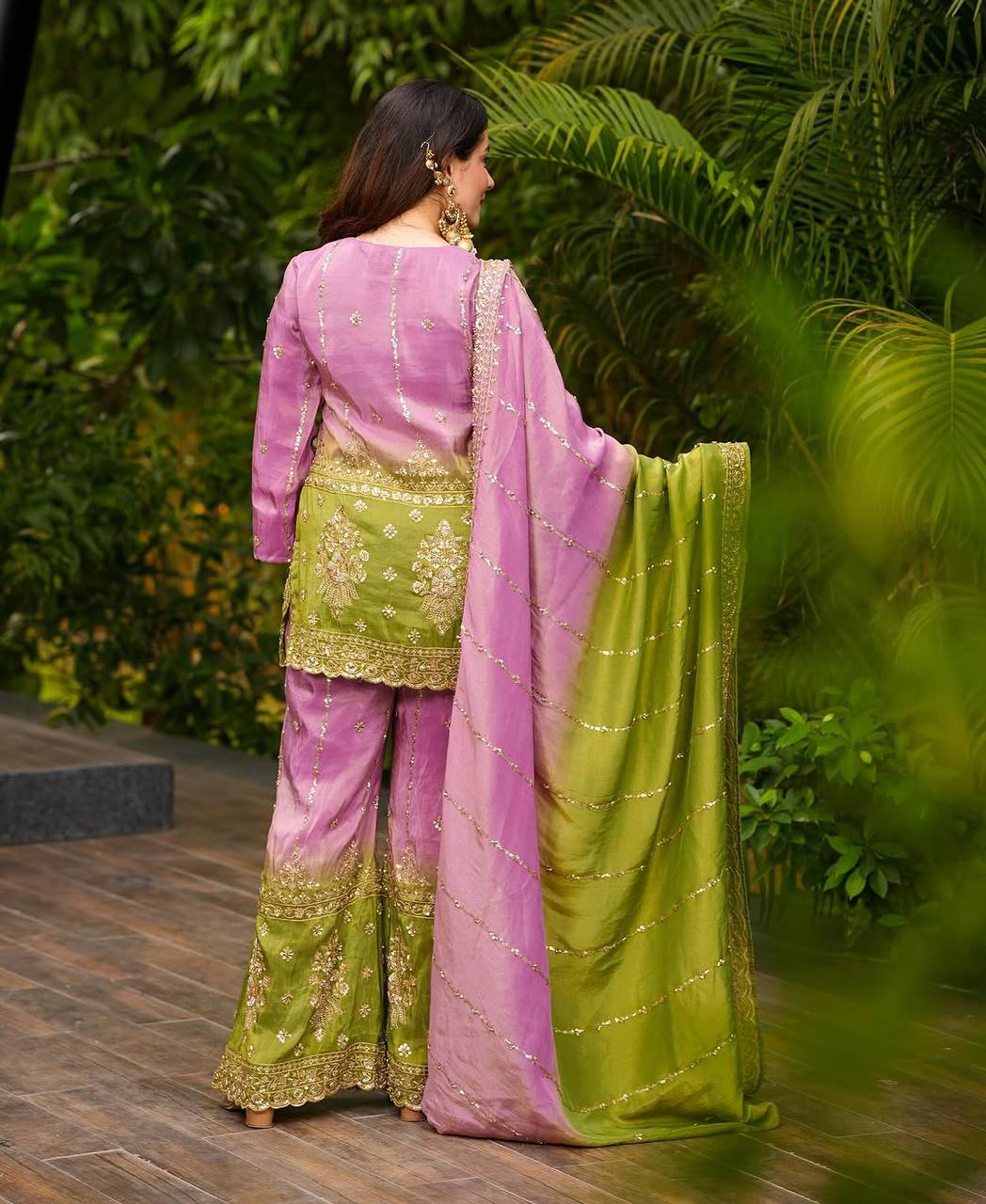 Party Wear Look Heavy Chinon Silk Pedding Top-Plazzo And Duppata Set Ready To Wear