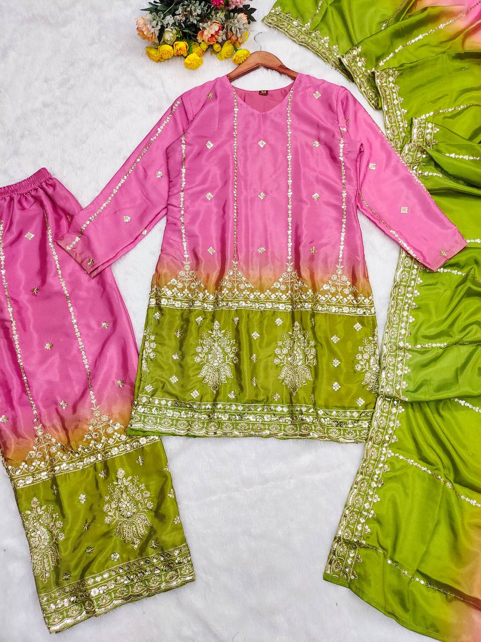 Party Wear Look Heavy Chinon Silk Pedding Top-Plazzo And Duppata Set Ready To Wear