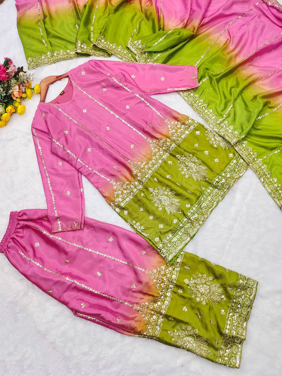 Party Wear Look Heavy Chinon Silk Pedding Top-Plazzo And Duppata Set Ready To Wear