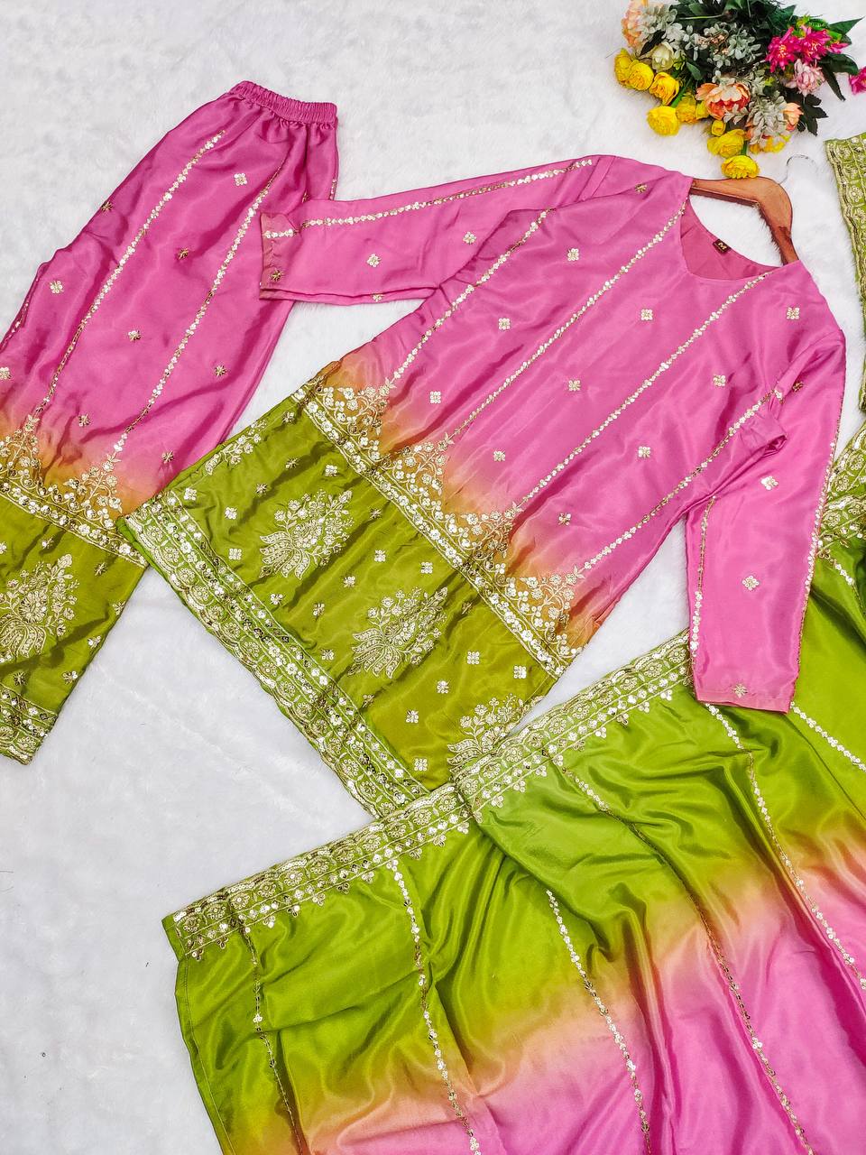 Party Wear Look Heavy Chinon Silk Pedding Top-Plazzo And Duppata Set Ready To Wear
