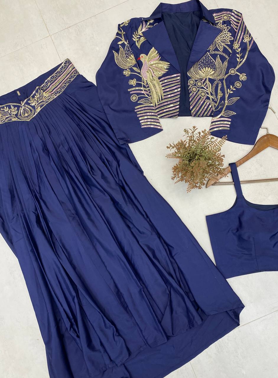 INDO WESTERN THREE PIECE WITH SEQUENCE EMBROIDERY WORK KOTI , BLOUSE WITH DRAPED SKIRT