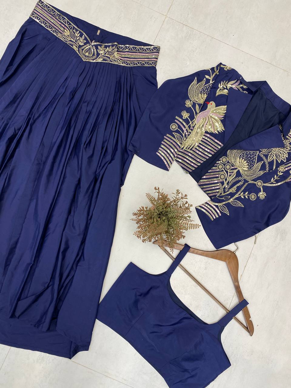 INDO WESTERN THREE PIECE WITH SEQUENCE EMBROIDERY WORK KOTI , BLOUSE WITH DRAPED SKIRT