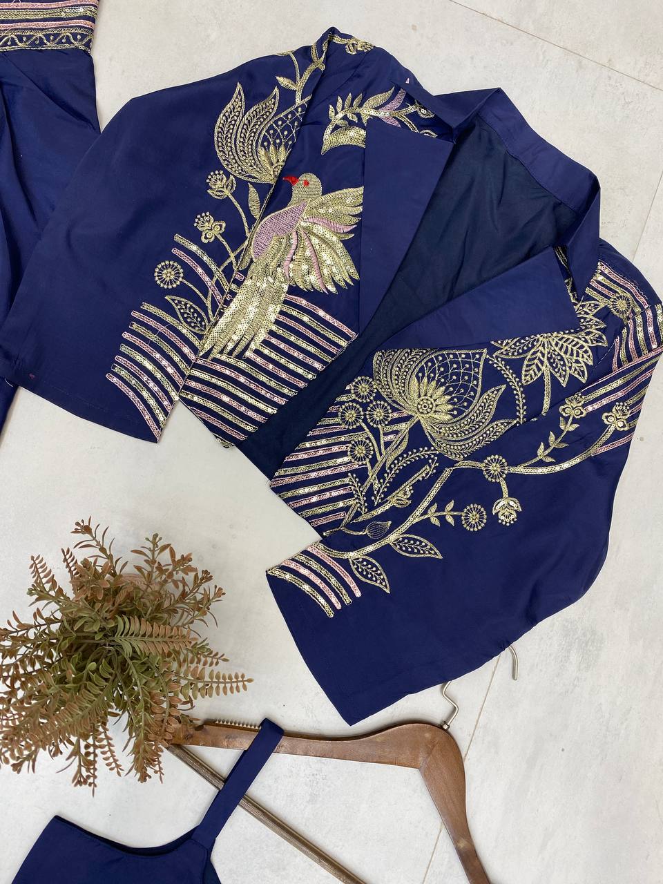 INDO WESTERN THREE PIECE WITH SEQUENCE EMBROIDERY WORK KOTI , BLOUSE WITH DRAPED SKIRT