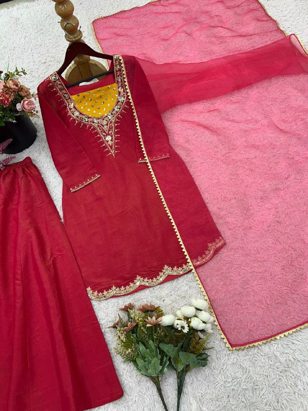 Designer Collection In simar silk With Embroidery Work Top-Bottom And Dupatta Set Fully Stitched Ready To Wear