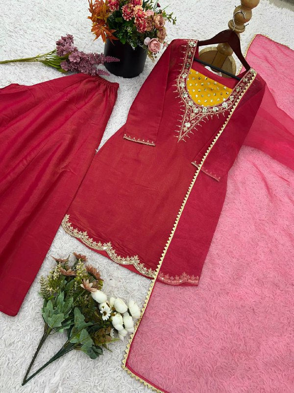 Designer Collection In simar silk With Embroidery Work Top-Bottom And Dupatta Set Fully Stitched Ready To Wear