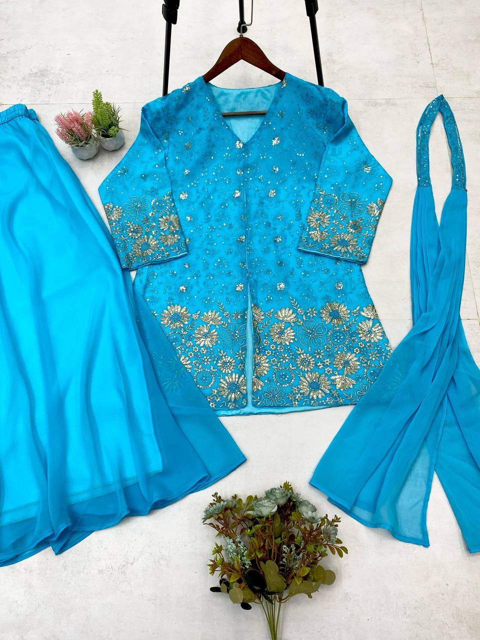 DESIGNER TRENDING TOP WITH SEQUENCE EMBROIDERY WORK WITH CIRCULAR PLAZZO AND DUPATTA