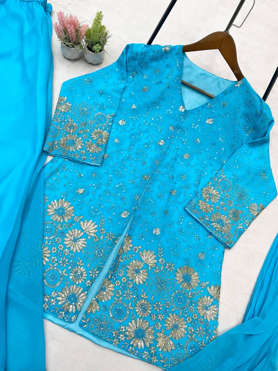 DESIGNER TRENDING TOP WITH SEQUENCE EMBROIDERY WORK WITH CIRCULAR PLAZZO AND DUPATTA