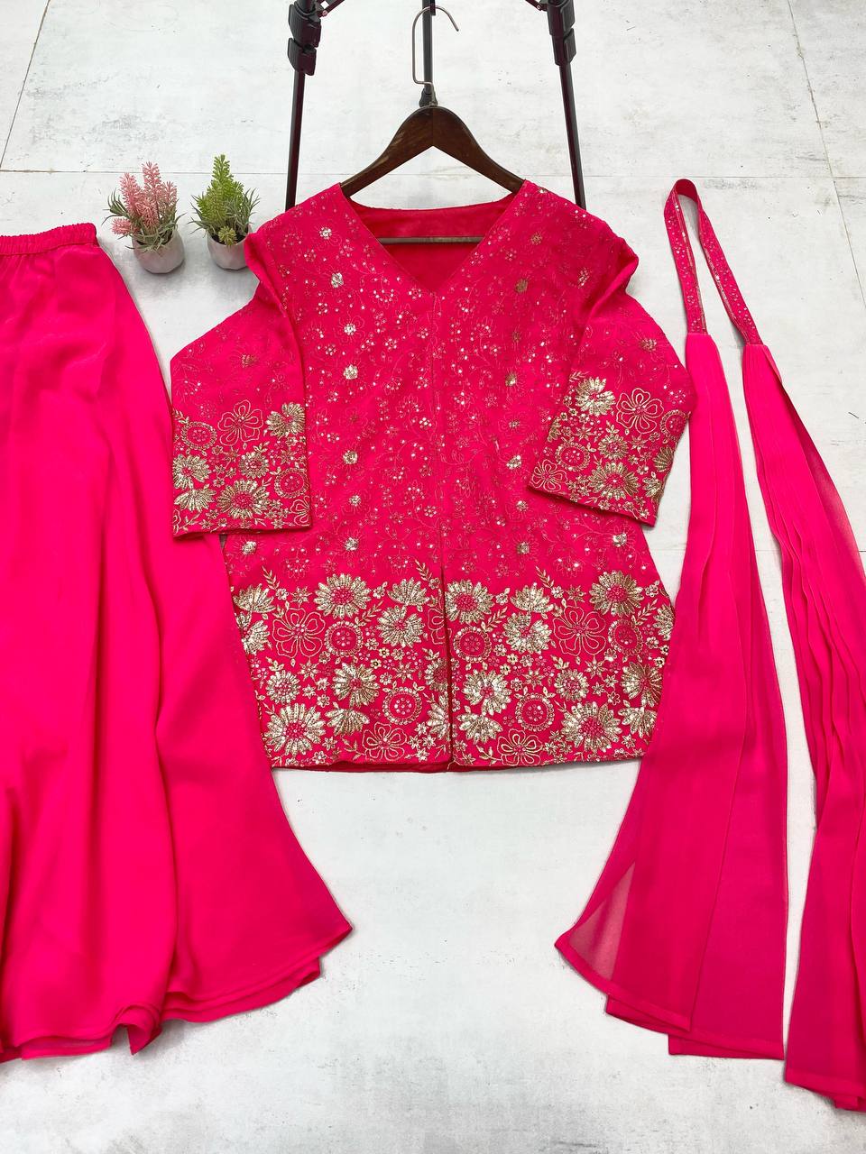 DESIGNER TRENDING TOP WITH SEQUENCE EMBROIDERY WORK WITH CIRCULAR PLAZZO AND DUPATTA