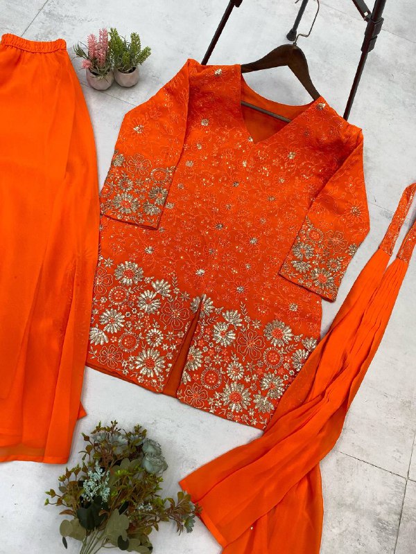 DESIGNER TRENDING TOP WITH SEQUENCE EMBROIDERY WORK WITH CIRCULAR PLAZZO AND DUPATTA