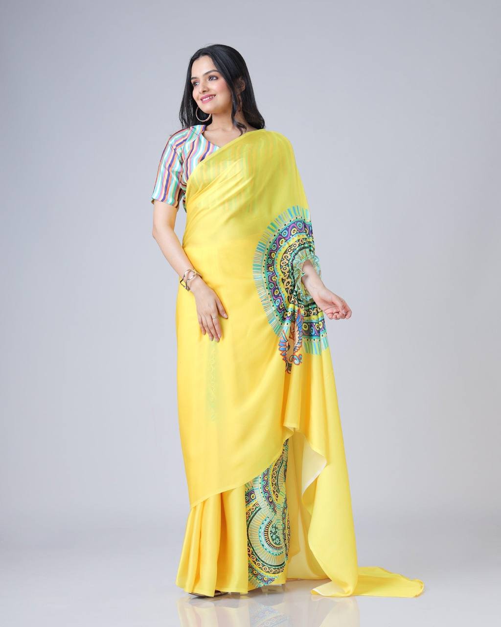 TRENDING SUMMER COLLECTION HANDS FREE SAREE WITH BEAUTIFUL DIGITAL PRINT ON JAPAN SATIN FABRIC