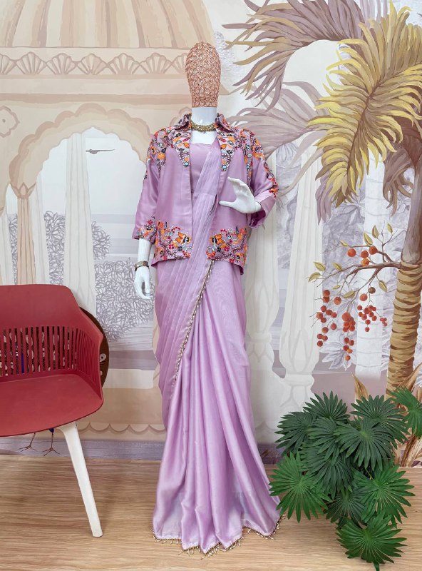 INDO-WESTERN DRAPE SAREE….* 🚀 *🥻WE ARE LAUNCHING NEW SUPERHIT TRENDING INDO-WESTERN READY TO WEAR SAREE WITH FULLY EMBROIDERED KOTI ON RANGOLI SILK FABRIC WITH STITCH BLOUSE