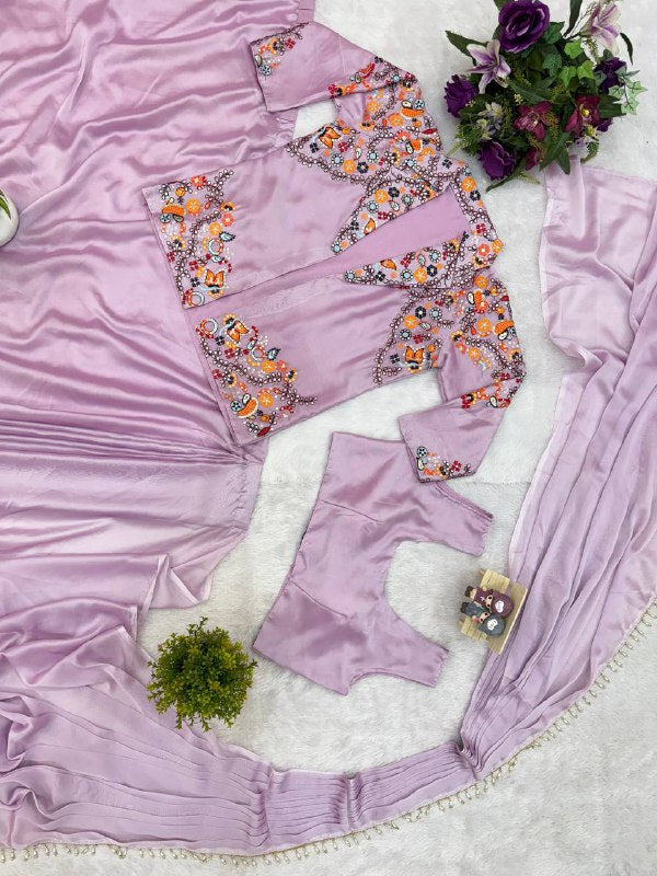 INDO-WESTERN DRAPE SAREE….* 🚀 *🥻WE ARE LAUNCHING NEW SUPERHIT TRENDING INDO-WESTERN READY TO WEAR SAREE WITH FULLY EMBROIDERED KOTI ON RANGOLI SILK FABRIC WITH STITCH BLOUSE