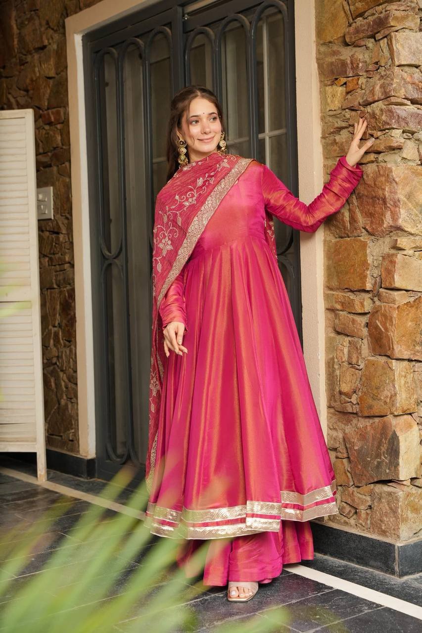 New Designer Collection In Roman simmer silk With Embroidery Work Top-Bottom And Dupatta Set Fully Stitched Ready To Wear