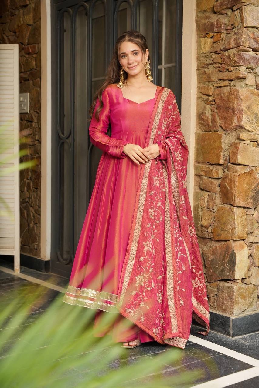 New Designer Collection In Roman simmer silk With Embroidery Work Top-Bottom And Dupatta Set Fully Stitched Ready To Wear