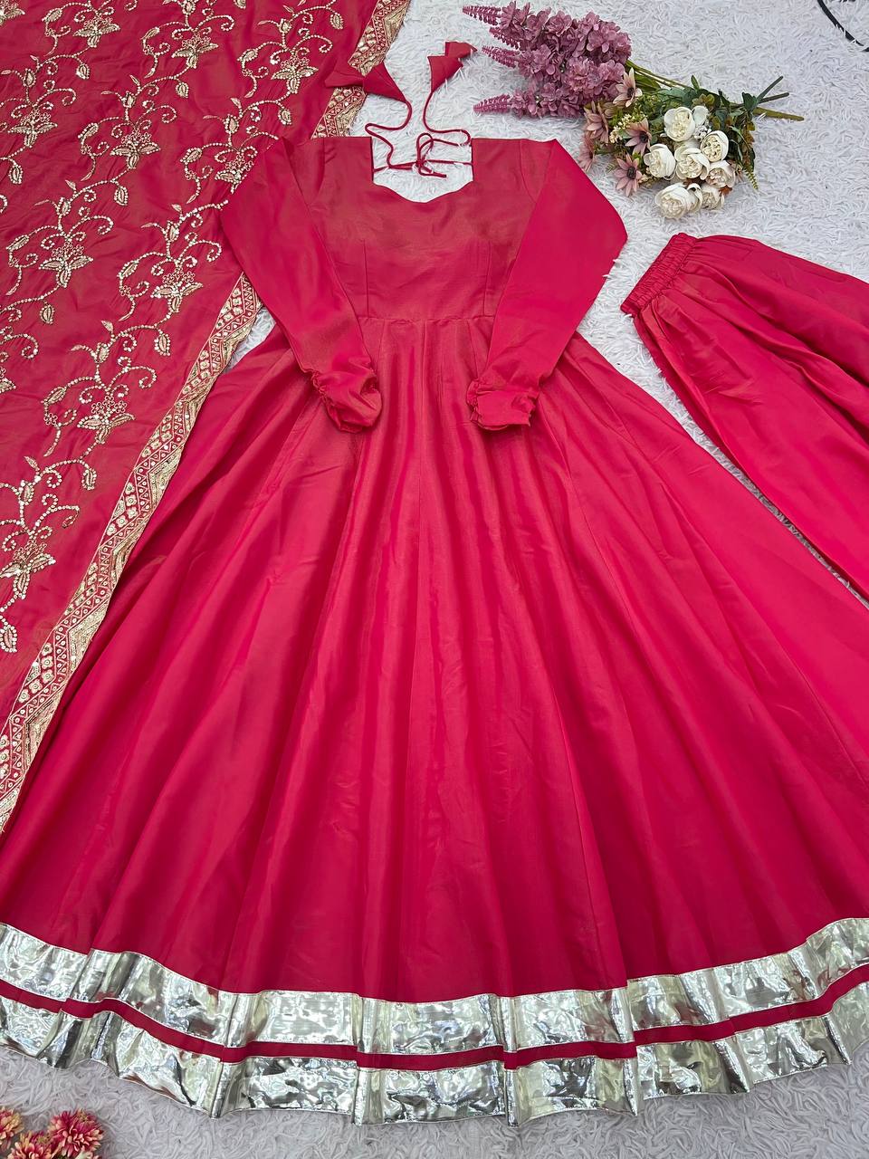 New Designer Collection In Roman simmer silk With Embroidery Work Top-Bottom And Dupatta Set Fully Stitched Ready To Wear