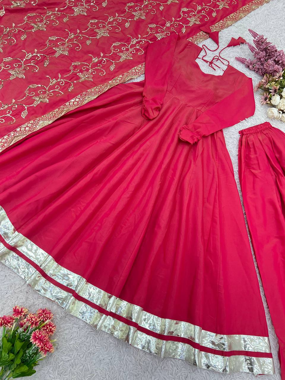 New Designer Collection In Roman simmer silk With Embroidery Work Top-Bottom And Dupatta Set Fully Stitched Ready To Wear