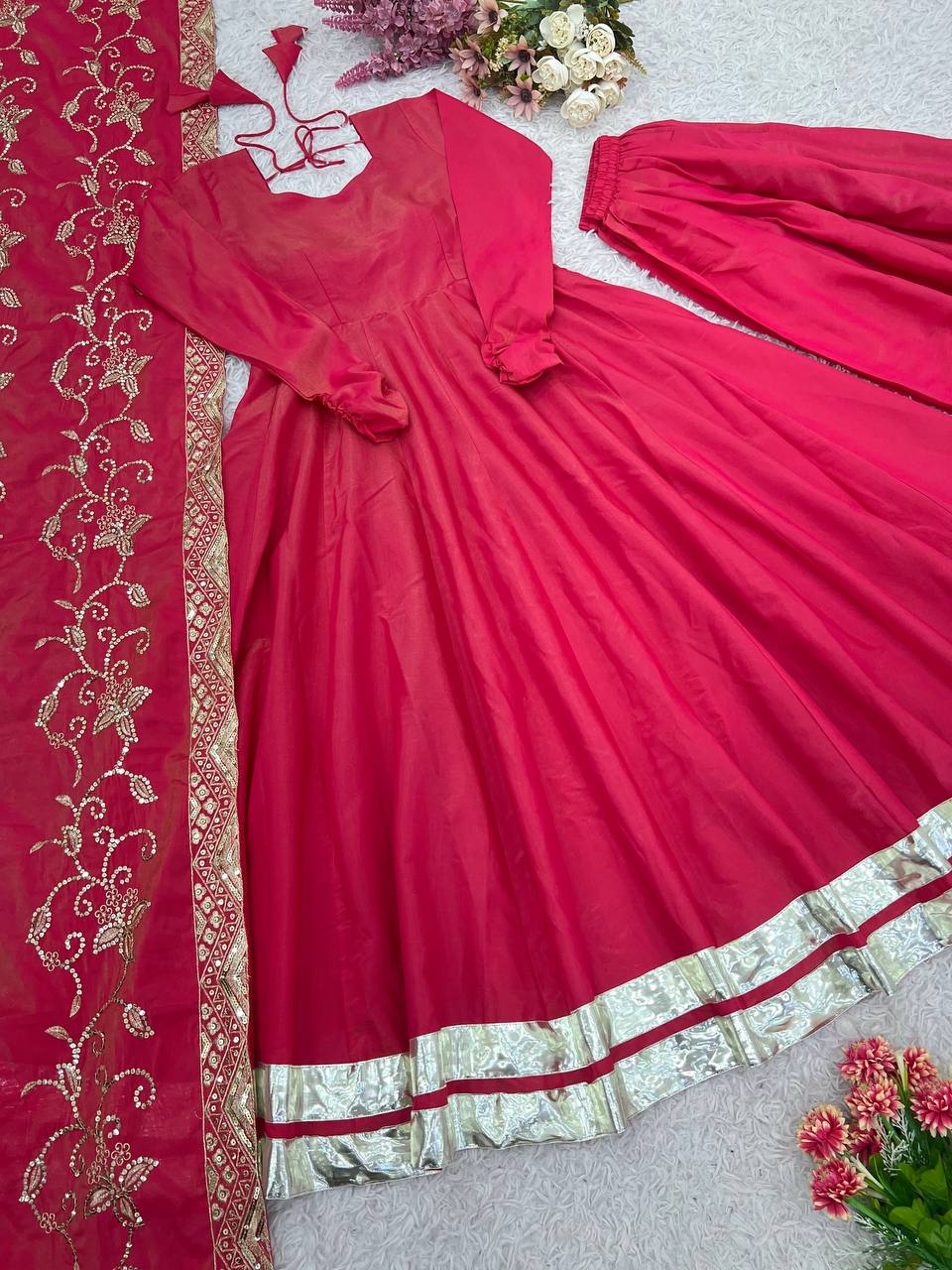 New Designer Collection In Roman simmer silk With Embroidery Work Top-Bottom And Dupatta Set Fully Stitched Ready To Wear