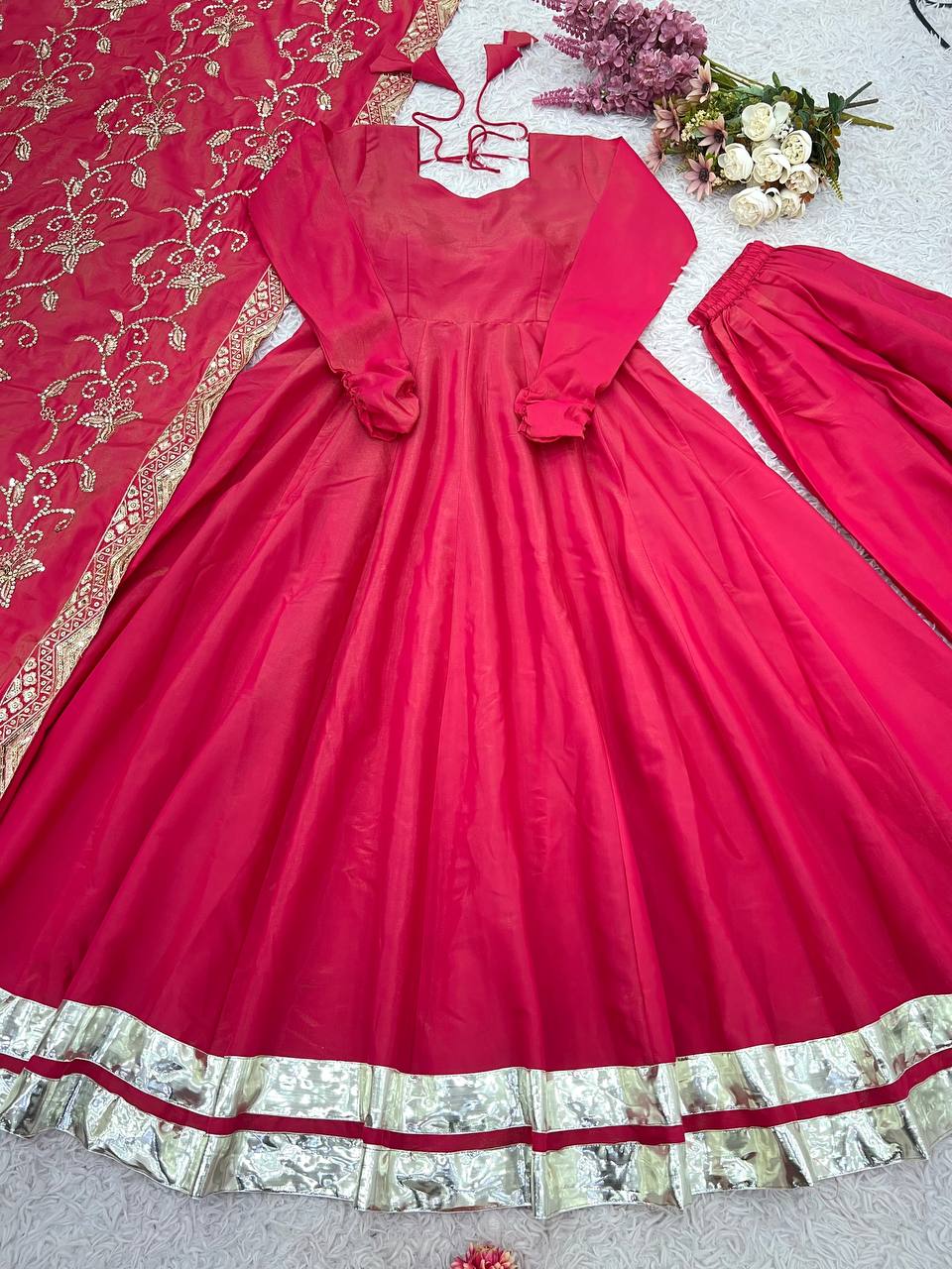 New Designer Collection In Roman simmer silk With Embroidery Work Top-Bottom And Dupatta Set Fully Stitched Ready To Wear