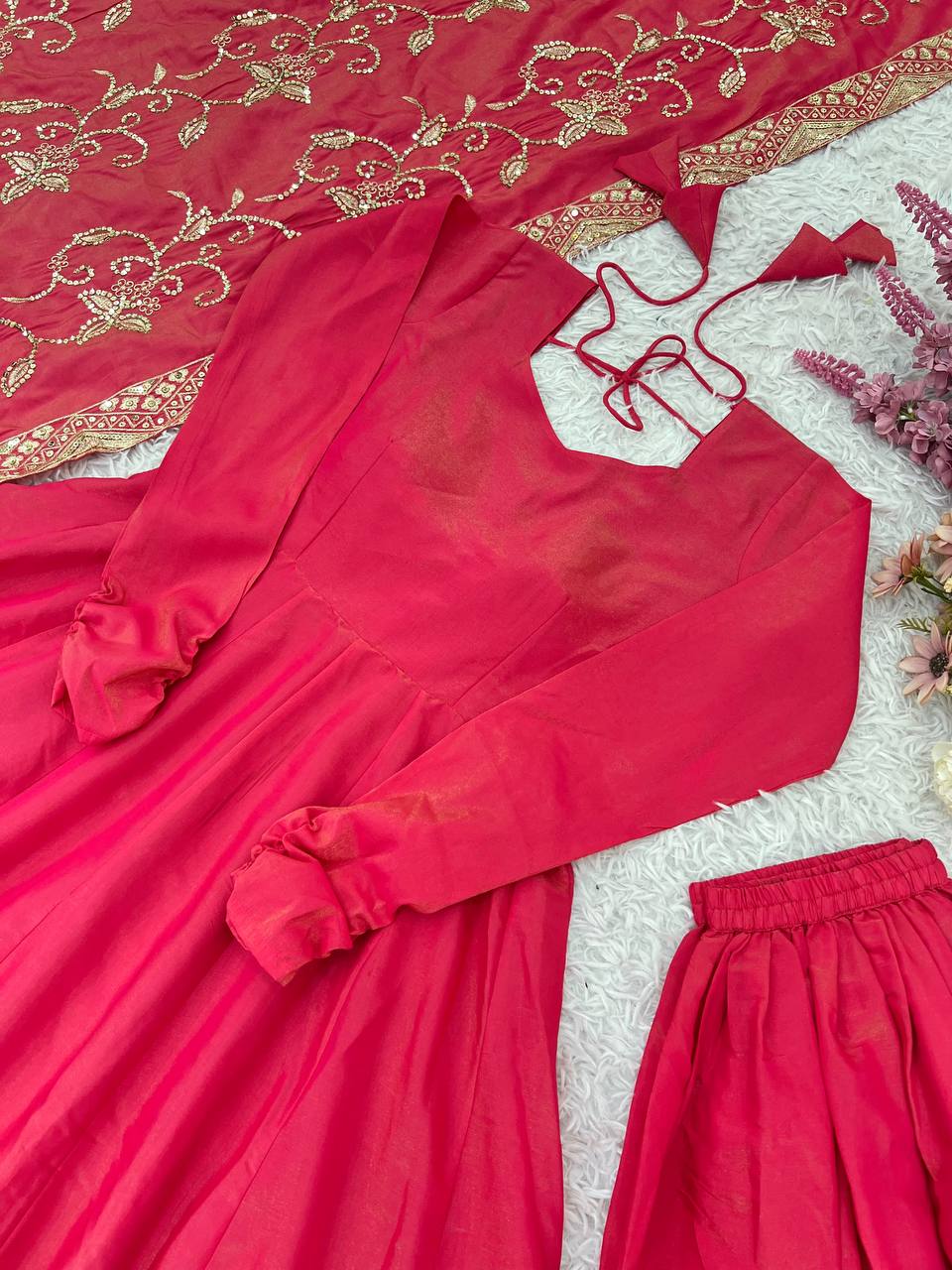 New Designer Collection In Roman simmer silk With Embroidery Work Top-Bottom And Dupatta Set Fully Stitched Ready To Wear