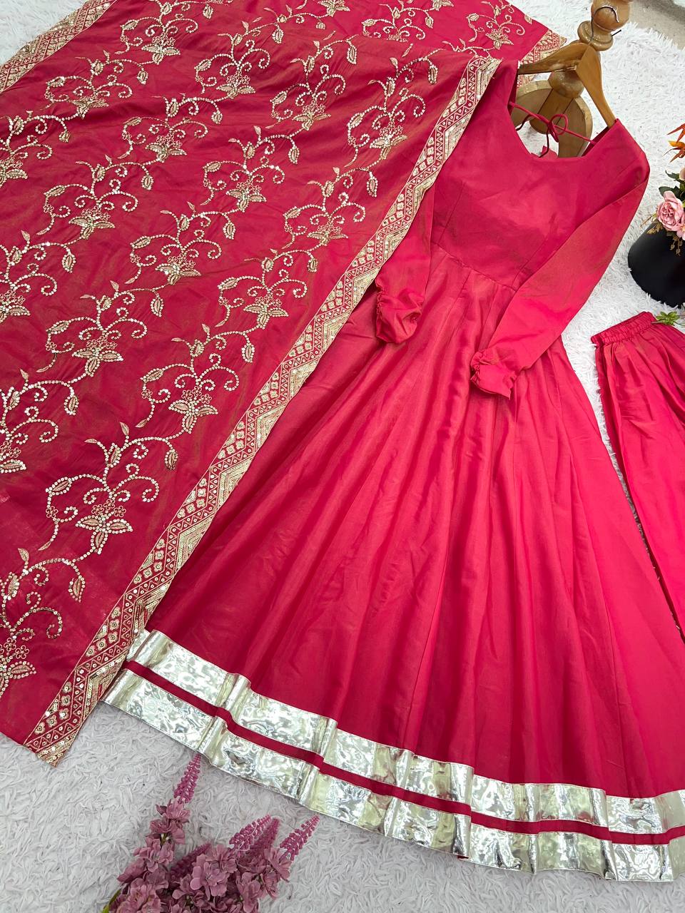 New Designer Collection In Roman simmer silk With Embroidery Work Top-Bottom And Dupatta Set Fully Stitched Ready To Wear