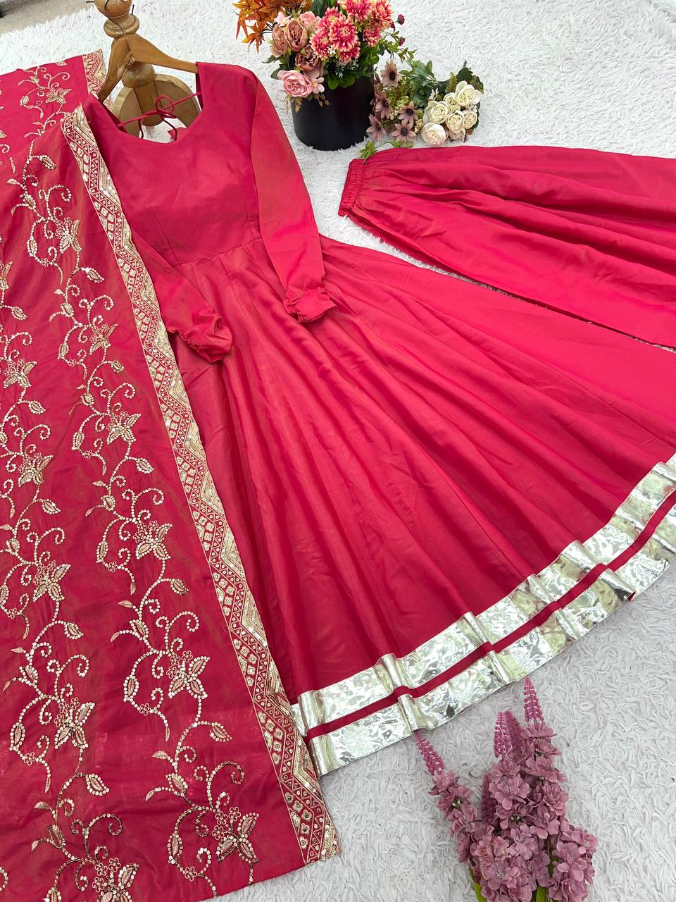 New Designer Collection In Roman simmer silk With Embroidery Work Top-Bottom And Dupatta Set Fully Stitched Ready To Wear