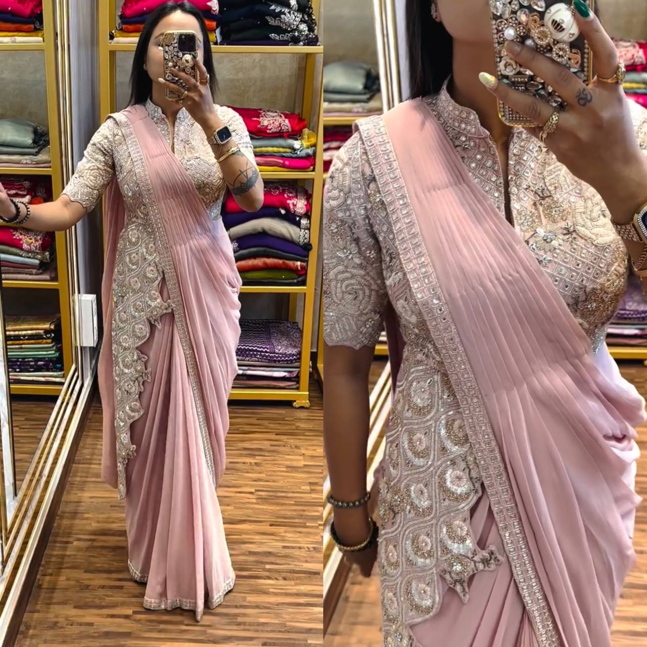TRENDING READY TO WEAR SAREE WITH FULLY EMBROIDERED STYLIST BLOUSE ON CHINON FABRIC