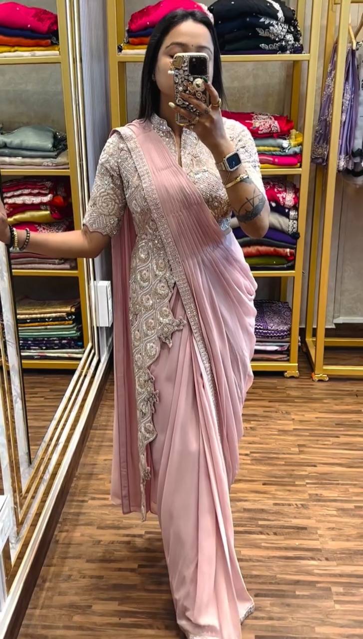 TRENDING READY TO WEAR SAREE WITH FULLY EMBROIDERED STYLIST BLOUSE ON CHINON FABRIC
