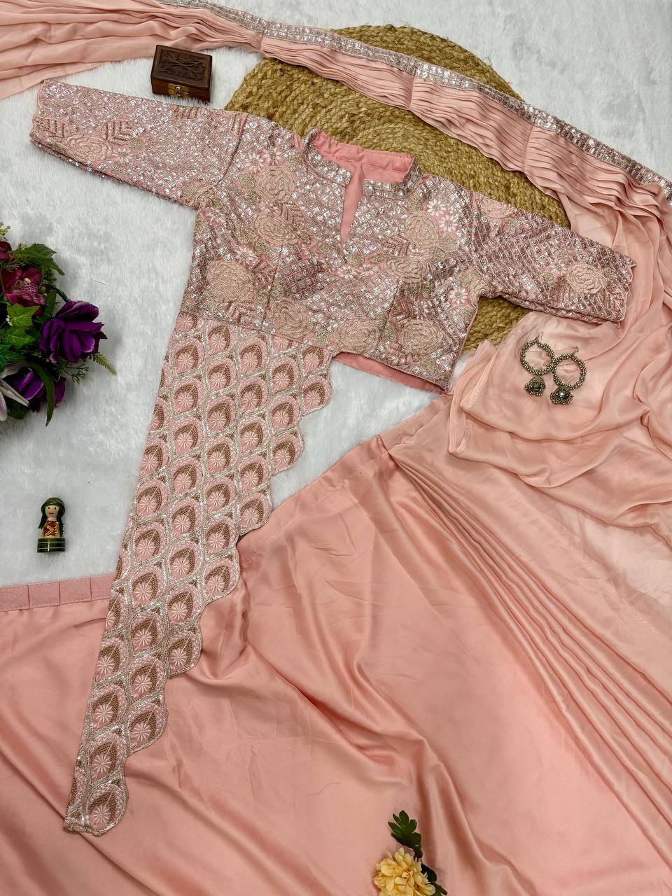 TRENDING READY TO WEAR SAREE WITH FULLY EMBROIDERED STYLIST BLOUSE ON CHINON FABRIC
