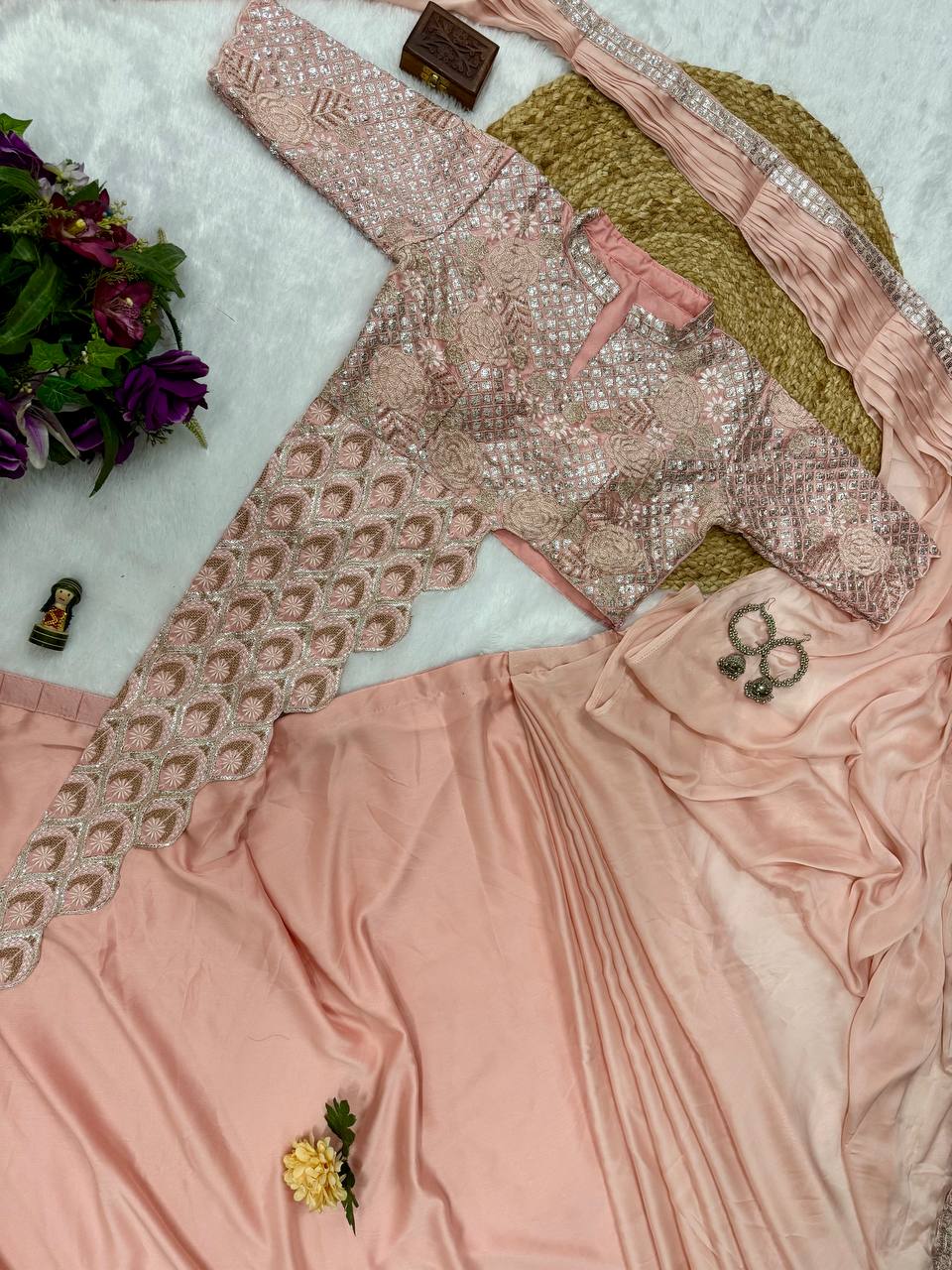 TRENDING READY TO WEAR SAREE WITH FULLY EMBROIDERED STYLIST BLOUSE ON CHINON FABRIC