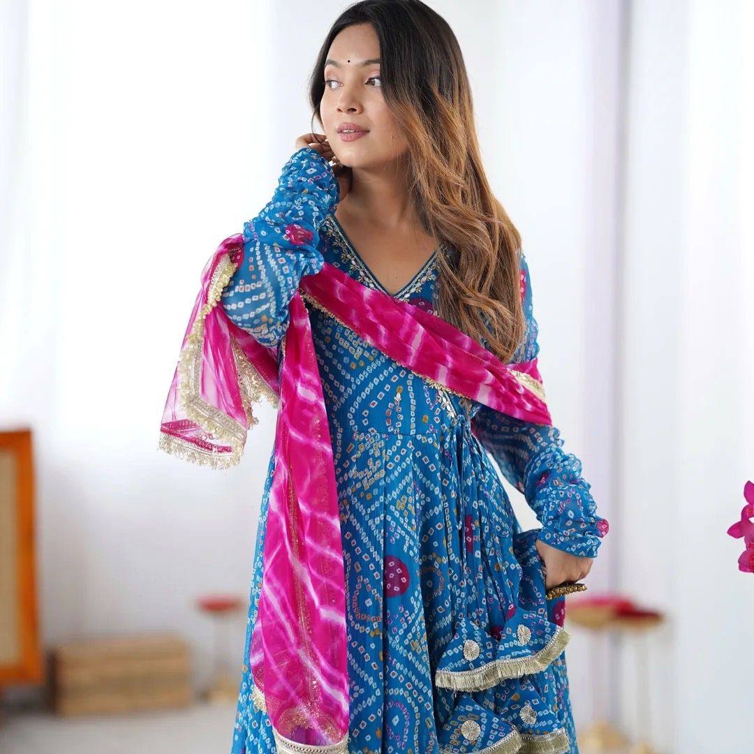 ANARKALI SET SUPERHIT TRENDING 3 PIECES GOWN, PENT & DUPATTA SET WITH EMBROIDERED NACK & DUPATTA ON FAUX GEORGETTE FABRIC