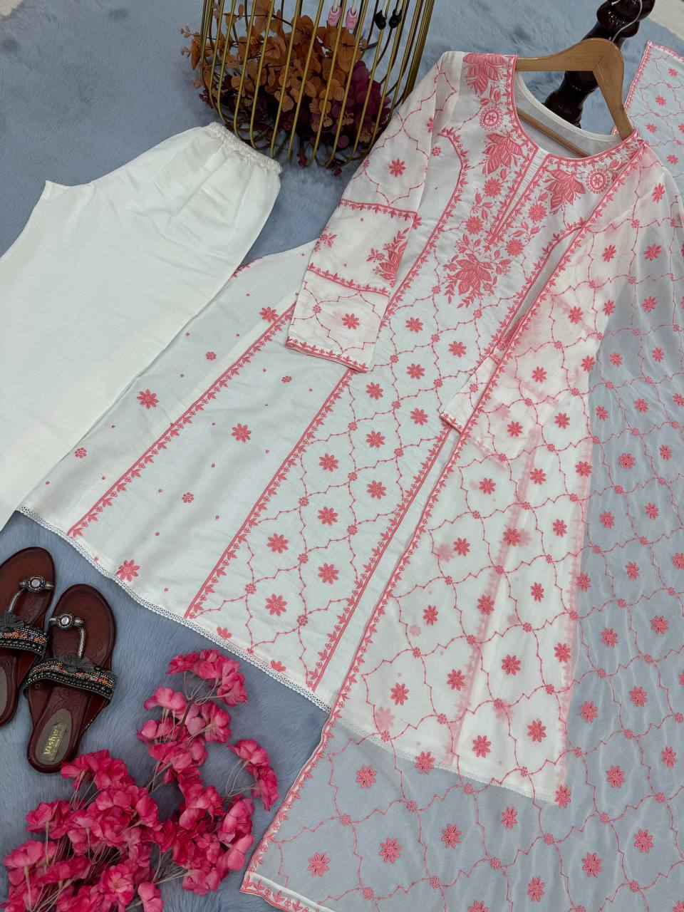Đěsigner Party Wear Look Pur Roman Silk A-Line Top Plazzo & Dupatta Set