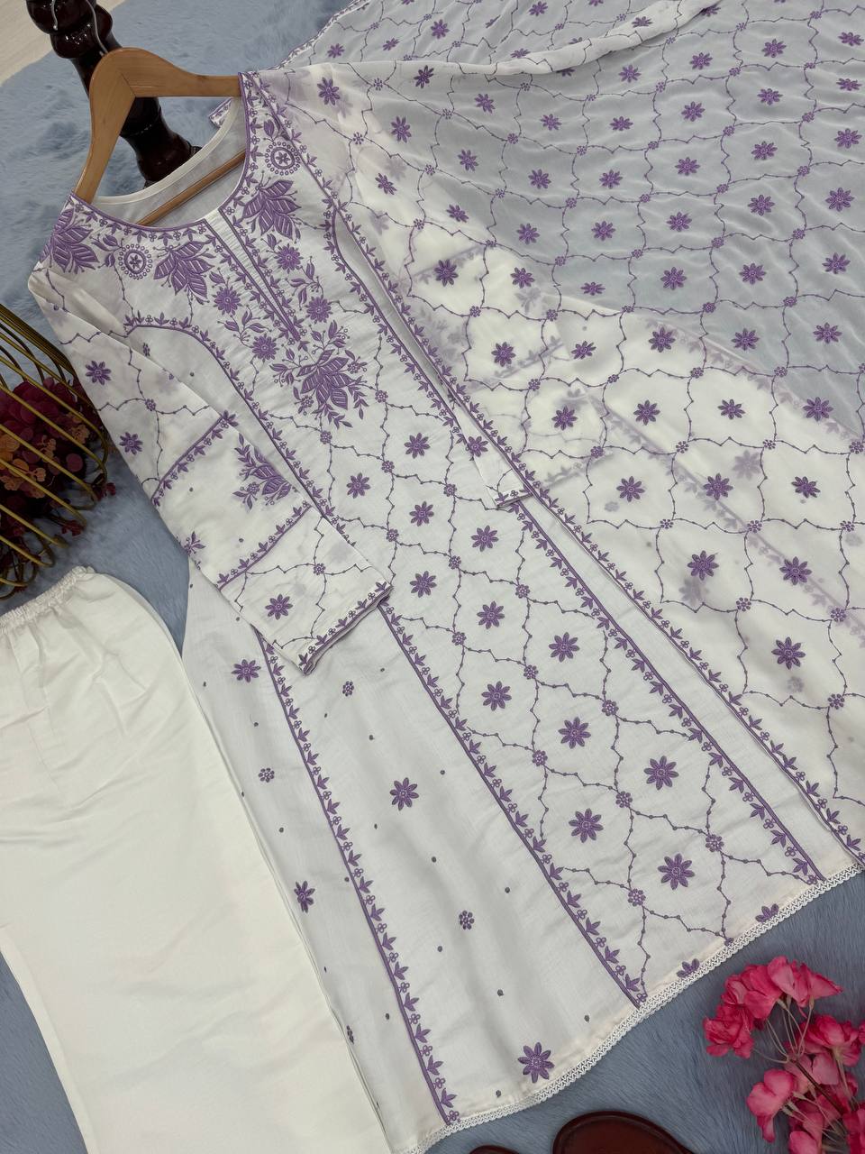 Đěsigner Party Wear Look Pur Roman Silk A-Line Top Plazzo & Dupatta Set