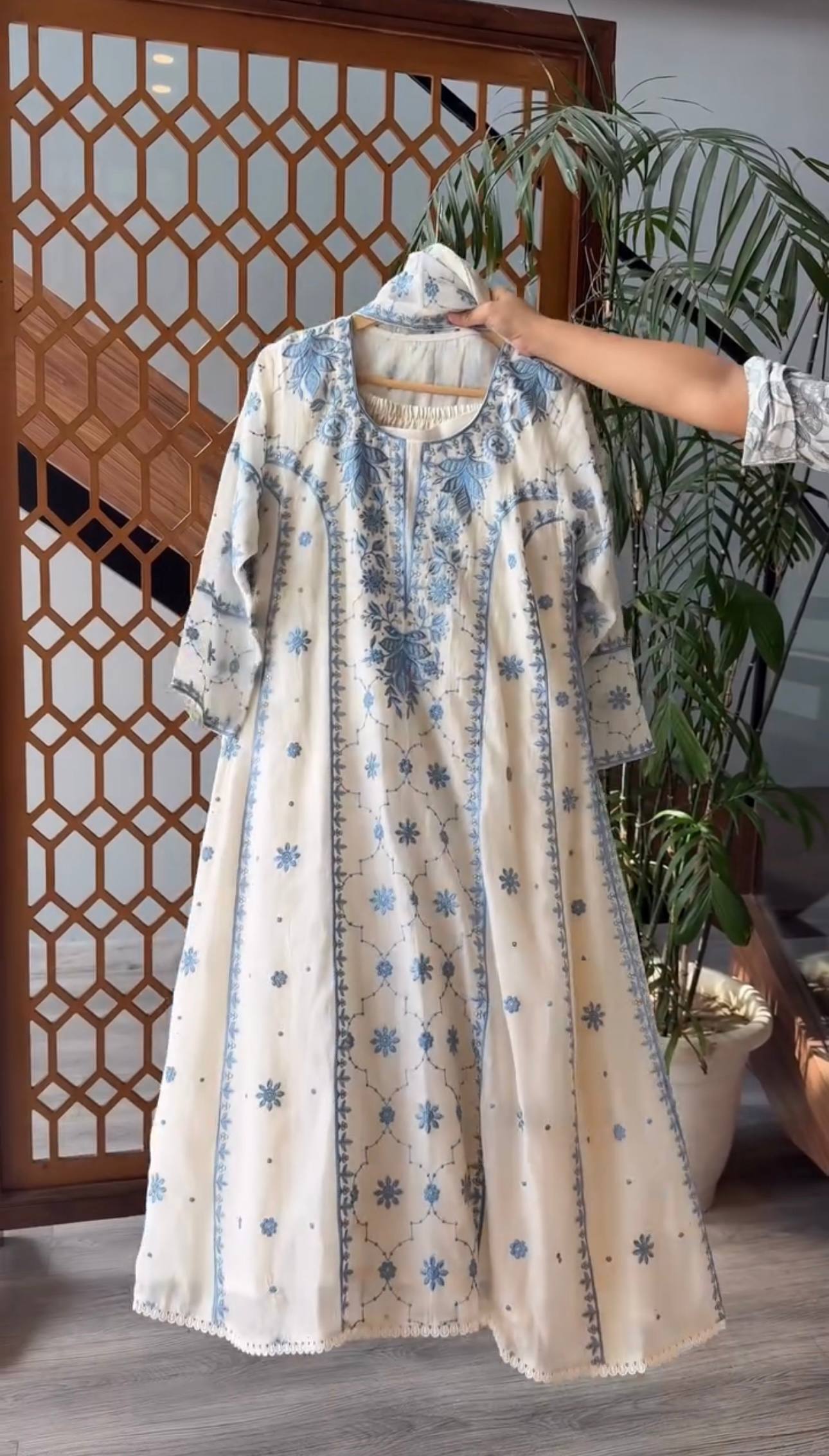 Đěsigner Party Wear Look Pur Roman Silk A-Line Top Plazzo & Dupatta Set