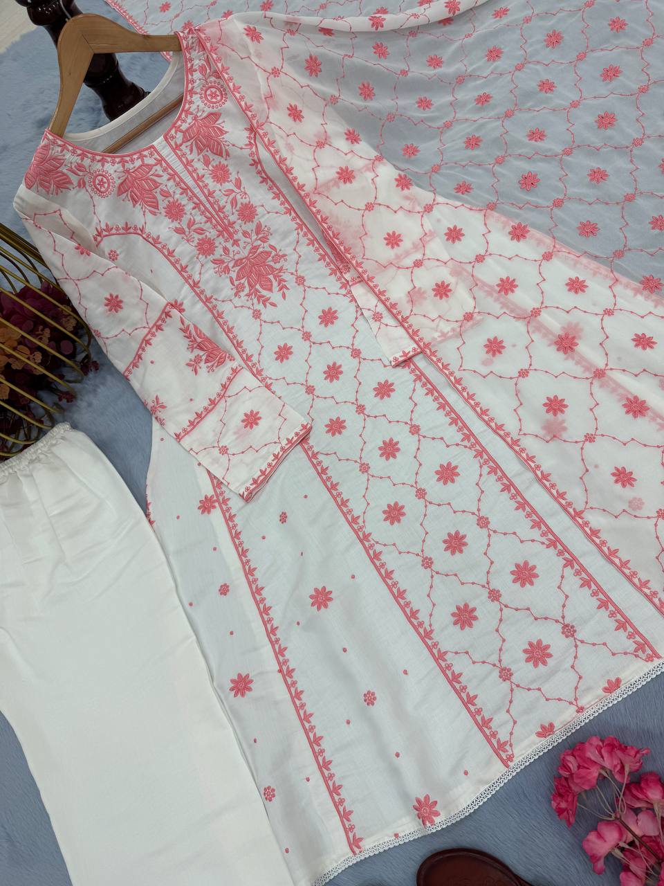 Đěsigner Party Wear Look Pur Roman Silk A-Line Top Plazzo & Dupatta Set