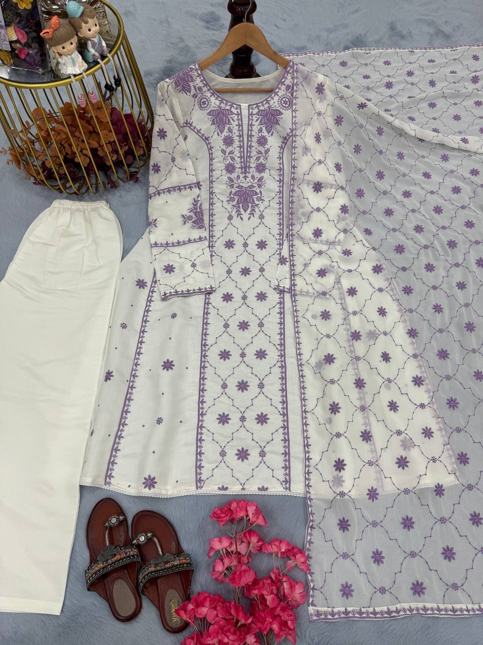 Đěsigner Party Wear Look Pur Roman Silk A-Line Top Plazzo & Dupatta Set