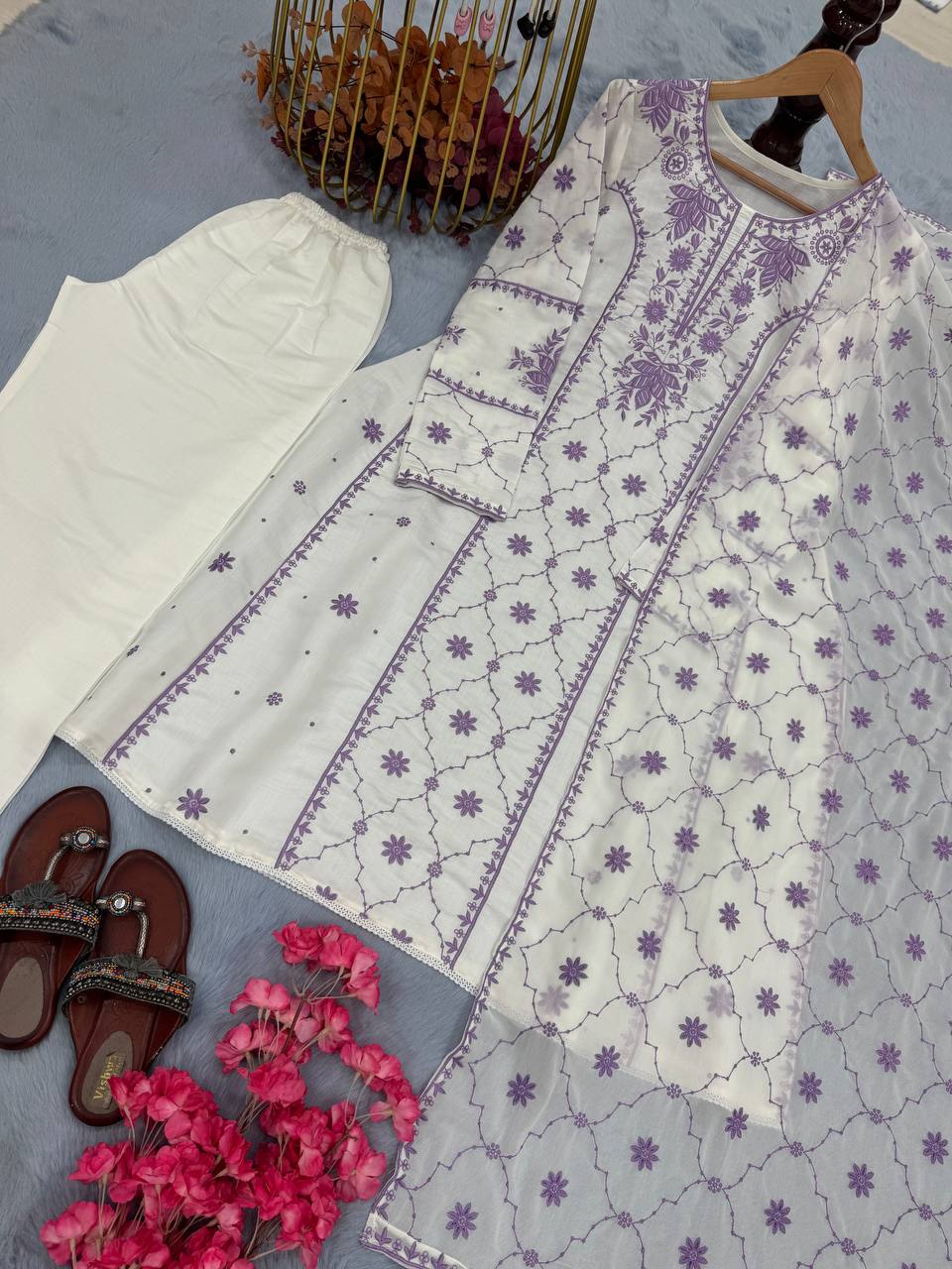 Đěsigner Party Wear Look Pur Roman Silk A-Line Top Plazzo & Dupatta Set