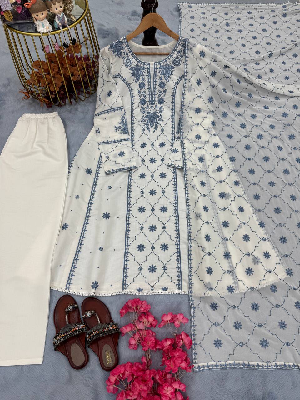 Đěsigner Party Wear Look Pur Roman Silk A-Line Top Plazzo & Dupatta Set