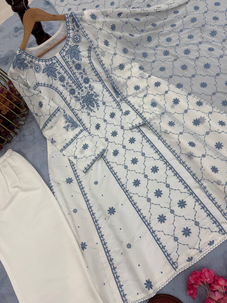 Đěsigner Party Wear Look Pur Roman Silk A-Line Top Plazzo & Dupatta Set