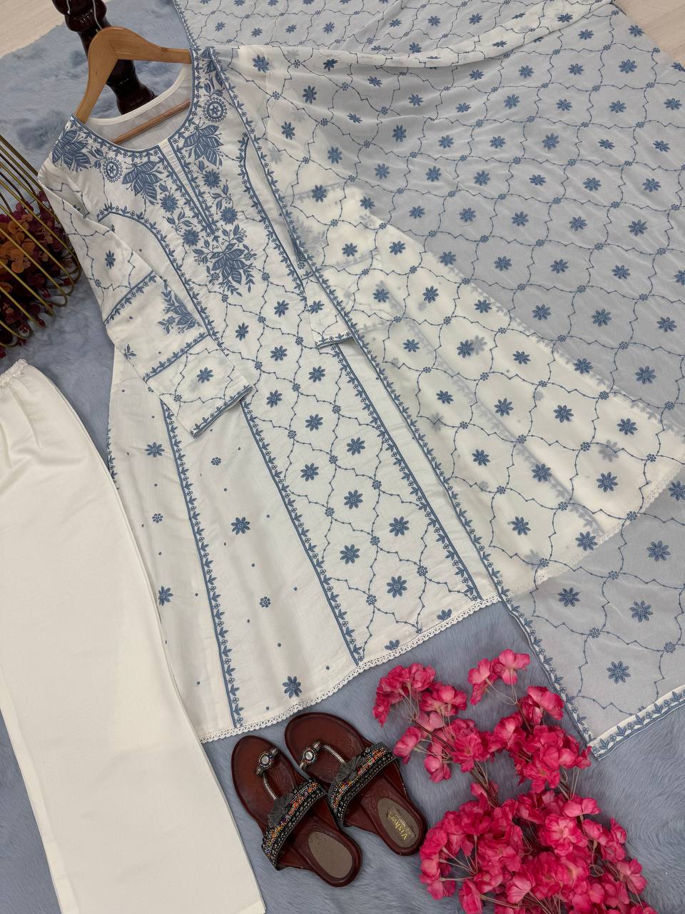 Đěsigner Party Wear Look Pur Roman Silk A-Line Top Plazzo & Dupatta Set